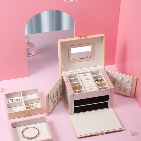 PU Leather Ladder Style Jewelry Box with Lock Mirror and Side Doors - Picture 4 of 8